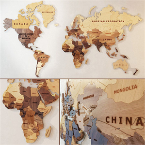 A world map made of wood.